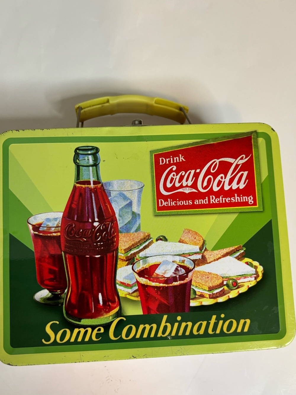 Coca-Cola Green Tin Lunchbox with Bottle and Sandwich Illustration vintage look